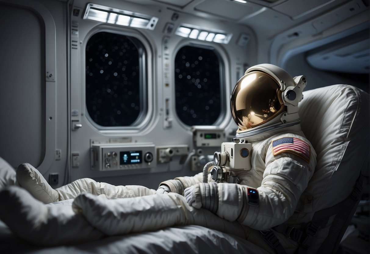 Astronaut sleep monitored in space. Beds and sleeping bags depicted