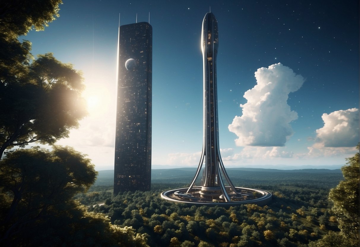 Space Elevators - A towering space elevator ascends from Earth, reaching towards the stars, with a sleek and futuristic design that hints at the potential for extra-terrestrial transport