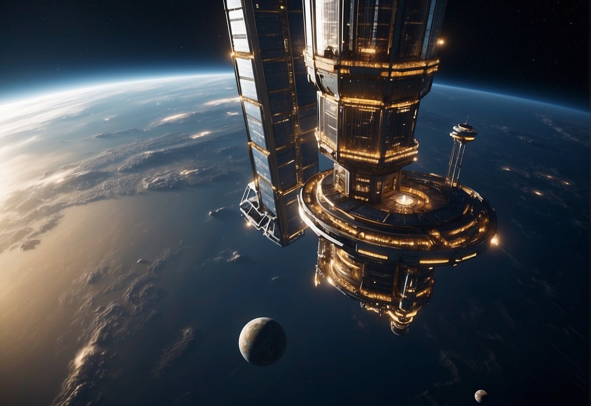 A towering space elevator rises from Earth, constructed with advanced materials and intricate engineering. Satellites orbit above, while cargo pods ascend and descend along the tether, showcasing the future of interplanetary transportation