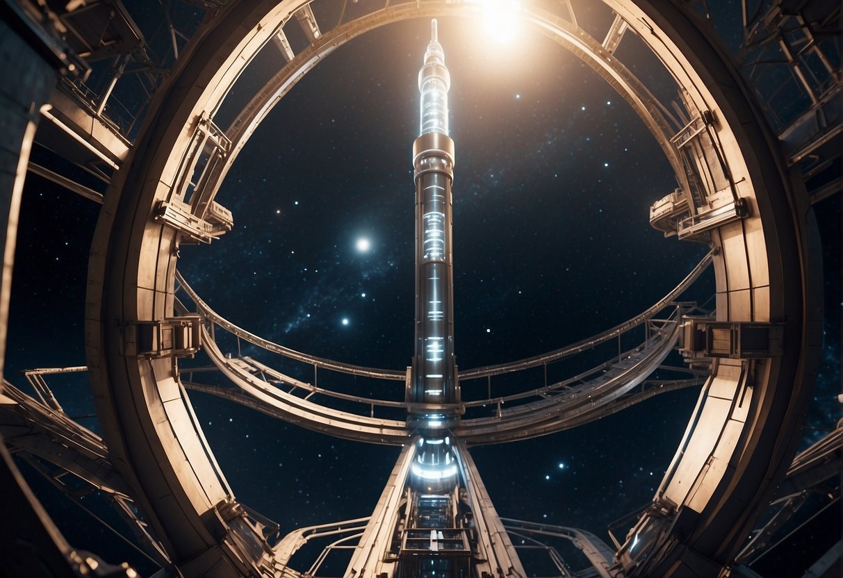 A towering space elevator extends into the starry expanse, surrounded by maintenance platforms and safety barriers. The futuristic structure gleams in the light of distant planets, hinting at the potential for interstellar travel