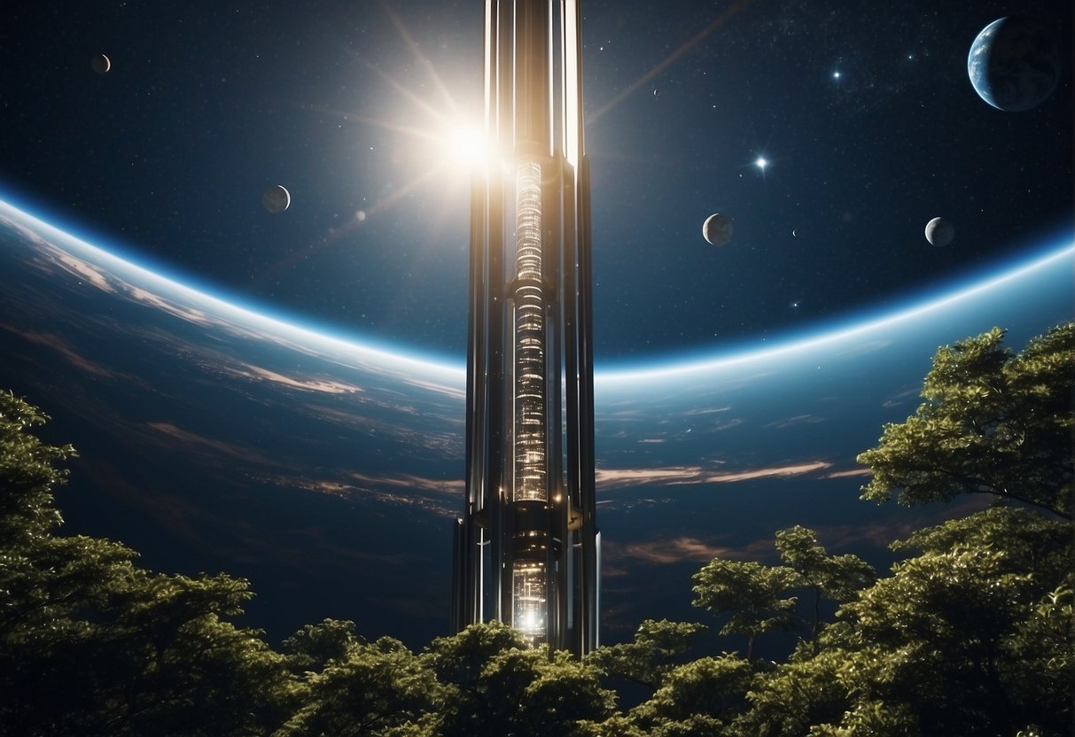 A space elevator extends from Earth into the cosmos, while global leaders gather to discuss regulations and collaboration for interplanetary transport