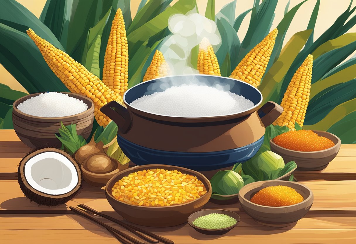 A steaming pot of mungunza sits atop a rustic wooden table, surrounded by vibrant ingredients like corn, coconut, and sugar. A warm, inviting glow emanates from the dish, evoking the rich flavors of Bahian cuisine