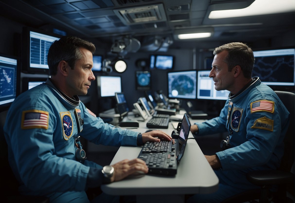 Biomedical Monitoring Systems for Astronauts -  Astronauts wearing biomedical monitoring systems while working in a space station