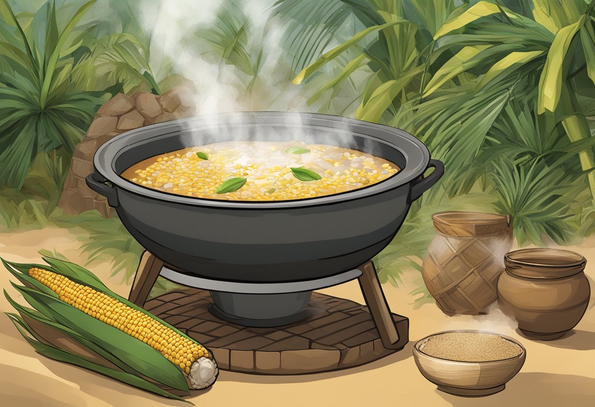 A large pot filled with mungunza, a traditional Bahian dish, simmering over an open fire. Surrounding the pot are various ingredients such as corn, coconut milk, and sugar cane