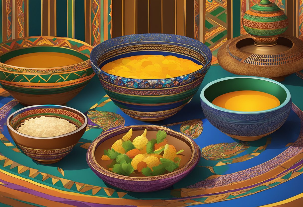 A table set with colorful bowls of Mungunza, surrounded by vibrant Bahian decor and traditional music playing in the background