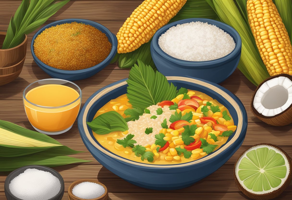 A bowl of mungunza, a traditional Bahian dish, sits on a rustic wooden table, surrounded by vibrant ingredients like corn, coconut milk, and sugar