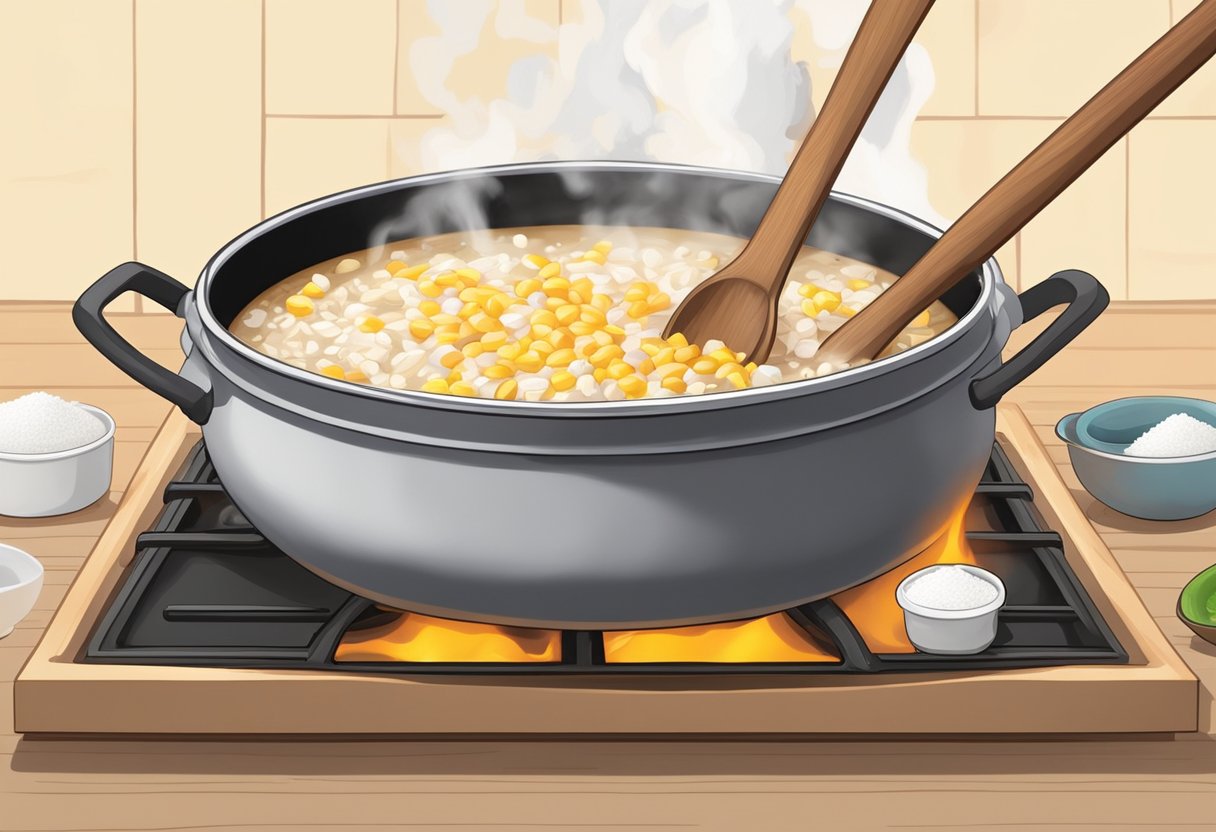 A large pot simmering over an open flame, filled with white corn, coconut milk, and sugar, as a cook stirs the mixture with a wooden spoon