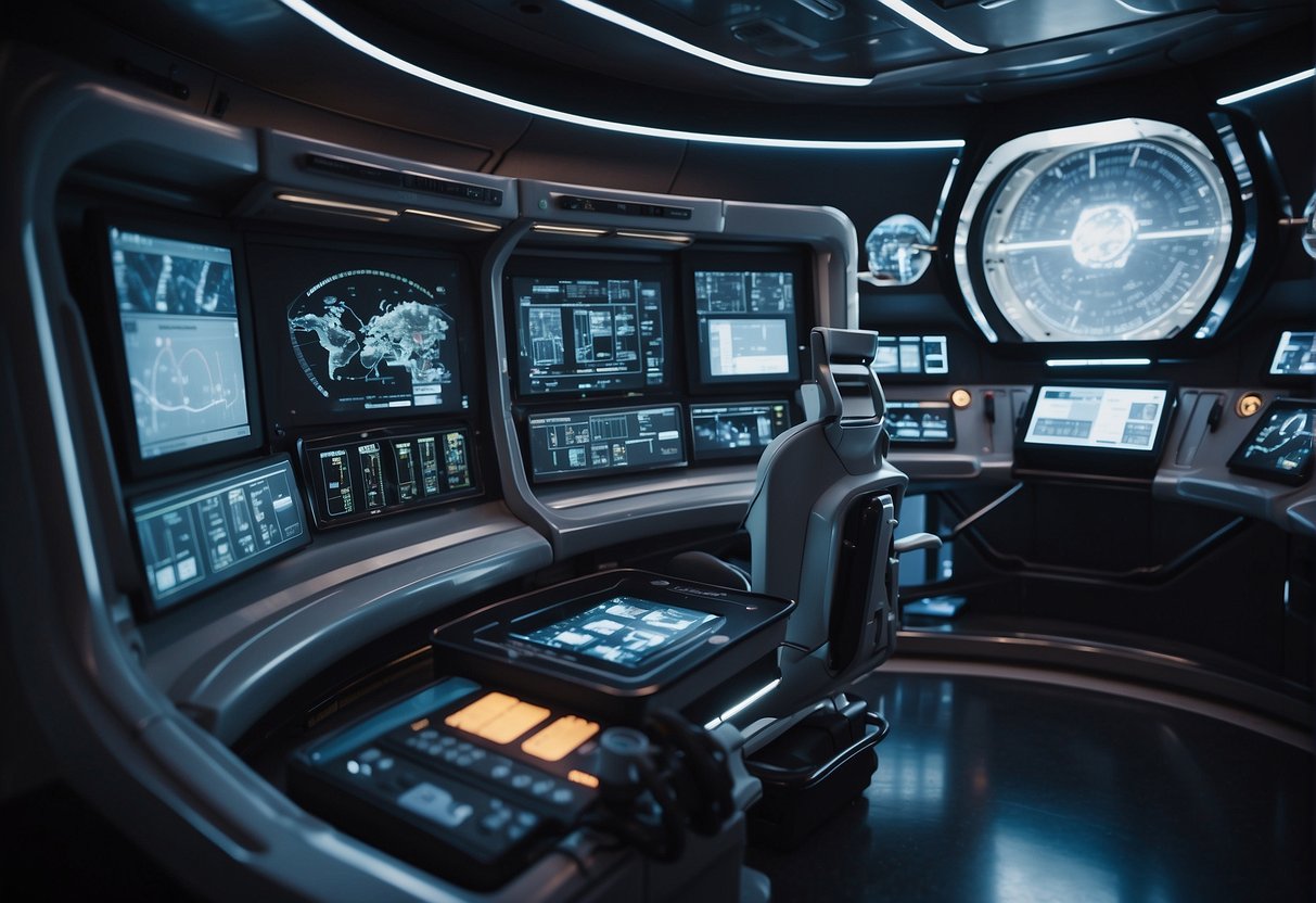 A futuristic space capsule with advanced biomedical monitoring equipment and screens displaying vital signs and health data for astronauts