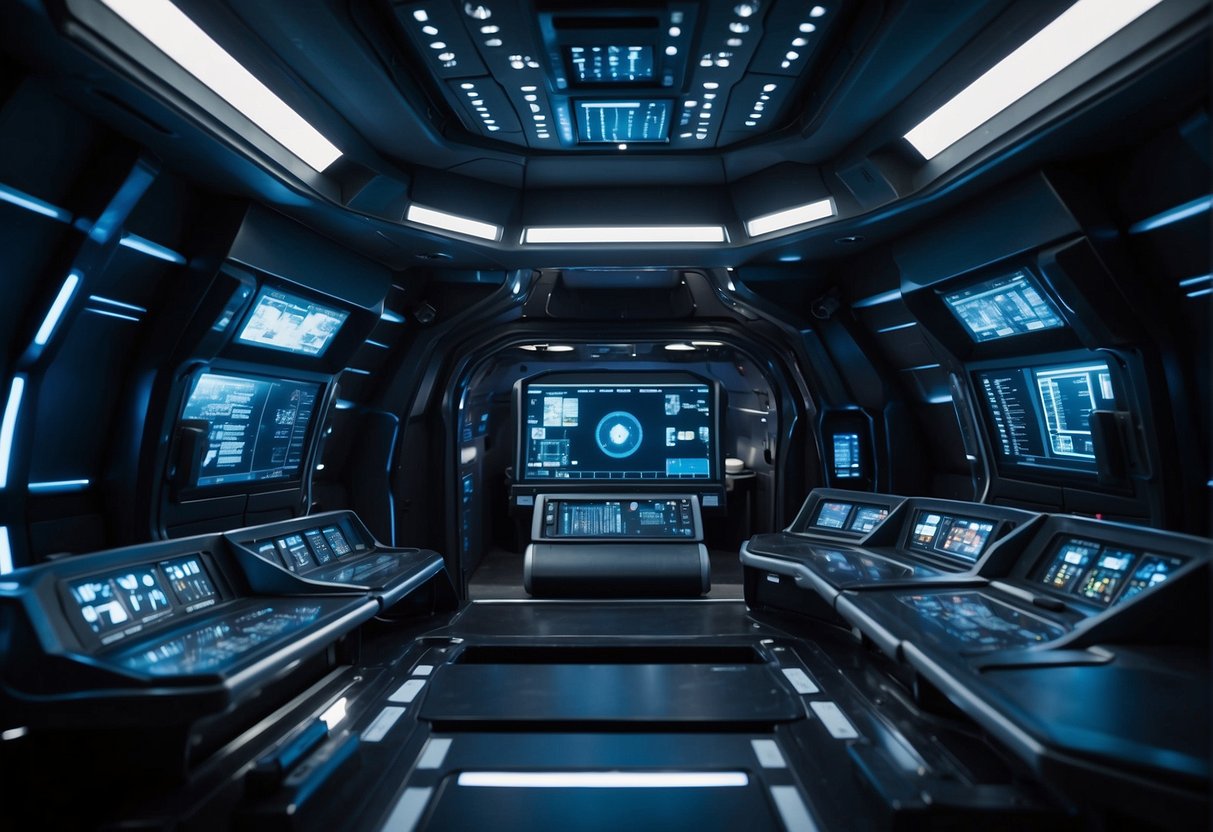 Bright LEDs illuminate the interior of a spacecraft, casting a cool, blue light across the control panels and equipment. The efficient and long-lasting nature of the LEDs make them ideal for use in the harsh environment of space