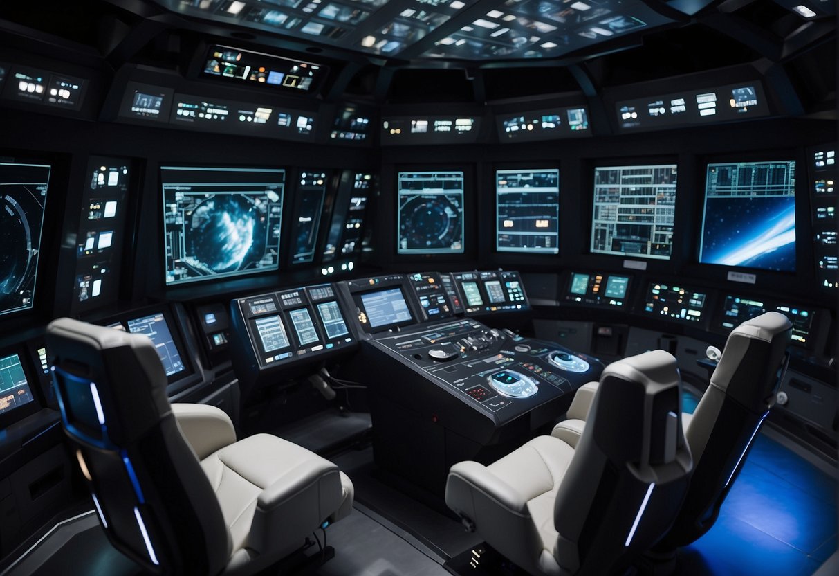 A spacecraft interior with LED lighting, showing various equipment and control panels