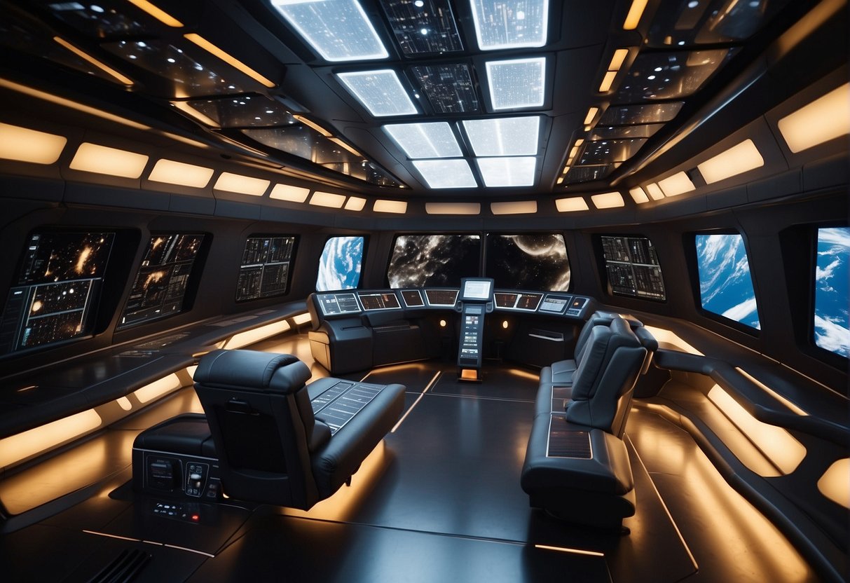 A spacecraft interior with LED lighting, solar panels, and energy-efficient power systems