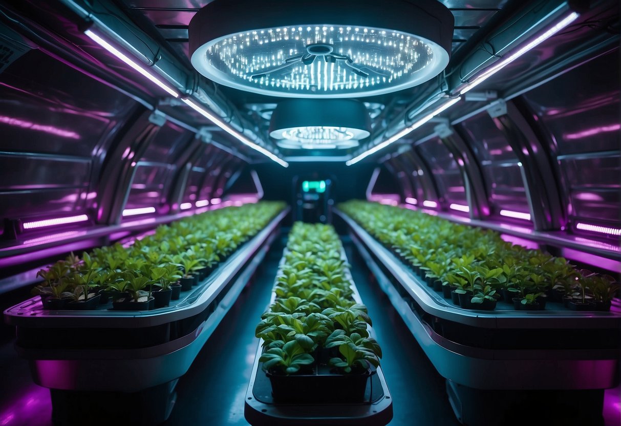 A spacecraft interior with rows of glowing LEDs illuminating a hydroponic space agriculture system