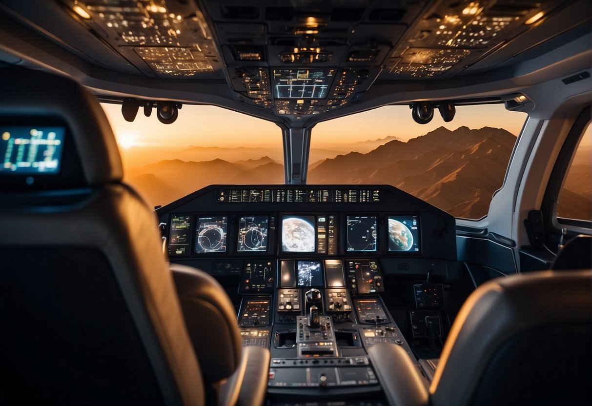 A spacecraft interior with LED lighting casting a soft glow, highlighting communication and navigation equipment