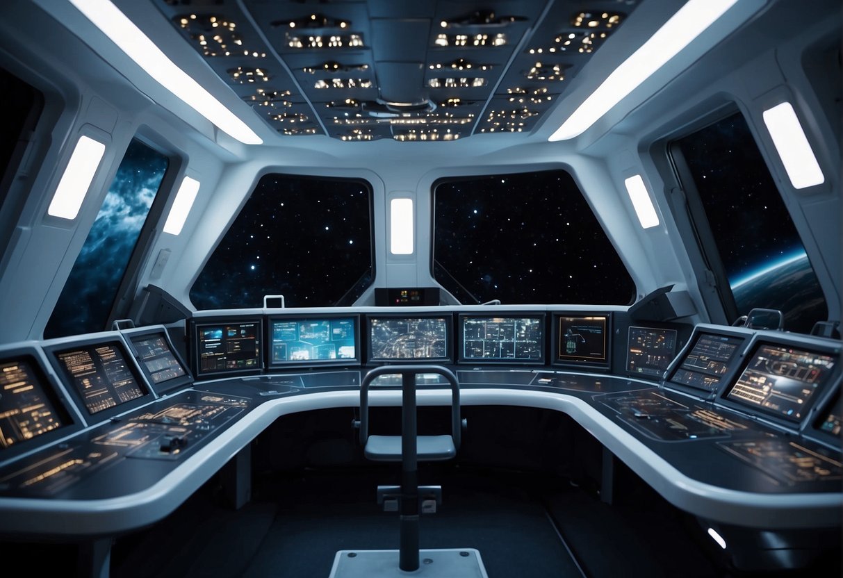 Bright LED lights illuminate the interior of a spacecraft, casting a cool white glow on the control panels and equipment