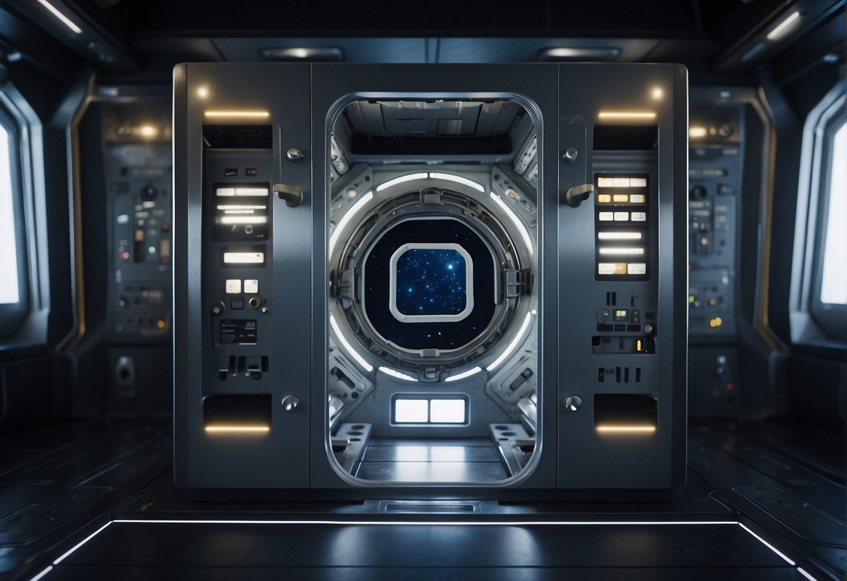 Airlock Technologies - The airlock door slides open, revealing the vast expanse of space beyond. Astronaut tools and equipment float weightlessly, ready for use