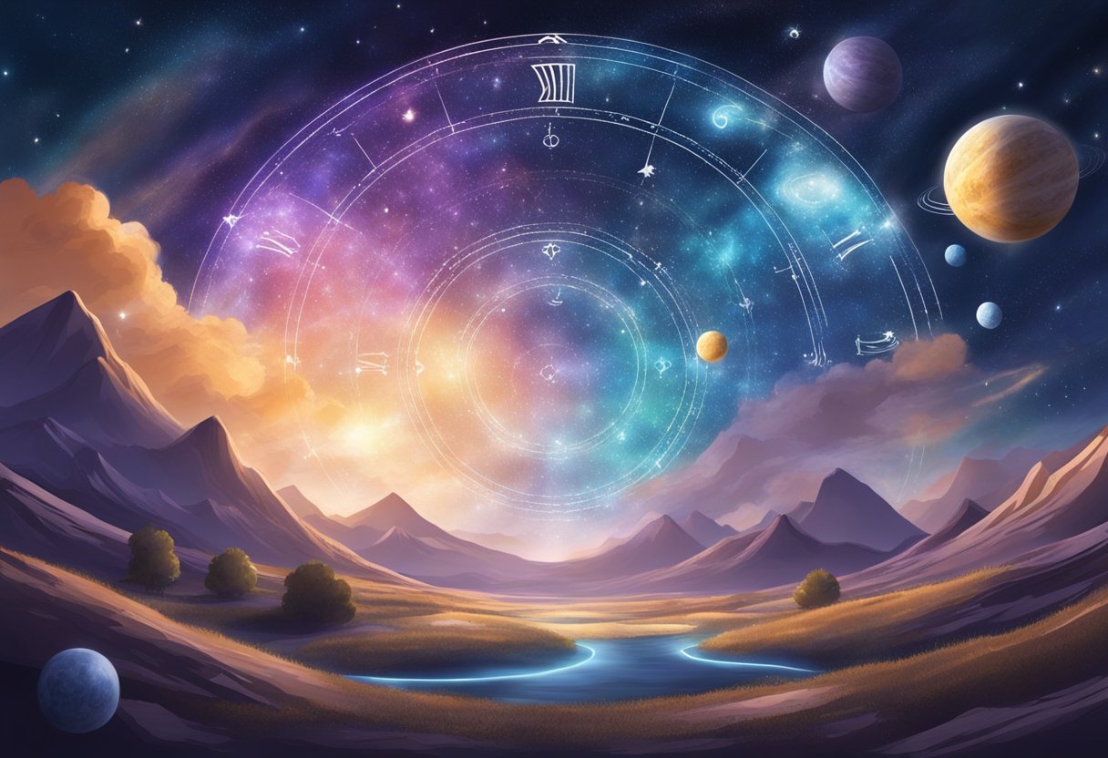 A cosmic landscape with celestial bodies and zodiac symbols, radiating energy and movement for the monthly horoscope of March 2024