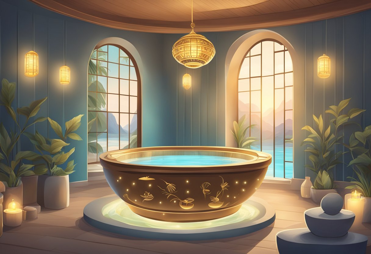 A tranquil spa with zodiac symbols adorning the walls, and a serene atmosphere with soft lighting and calming music