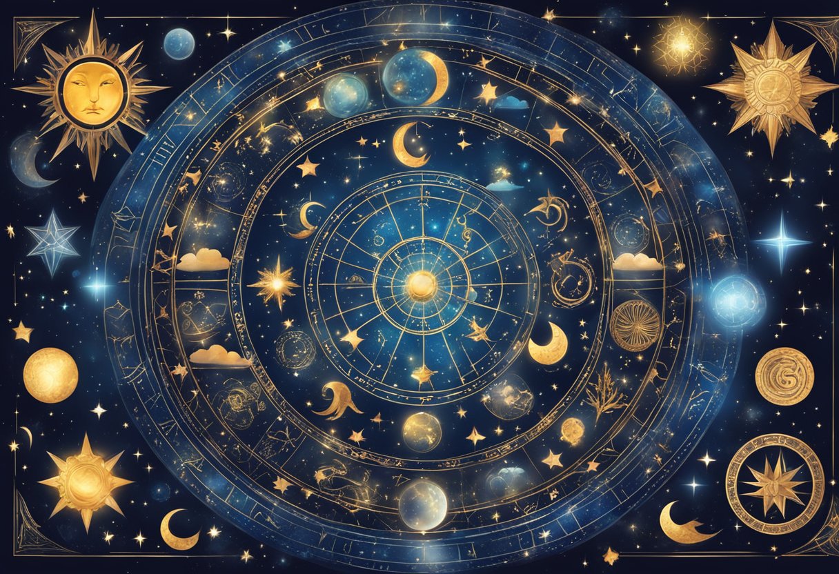 A starry night sky with zodiac signs shining brightly, surrounded by mystical symbols and celestial elements