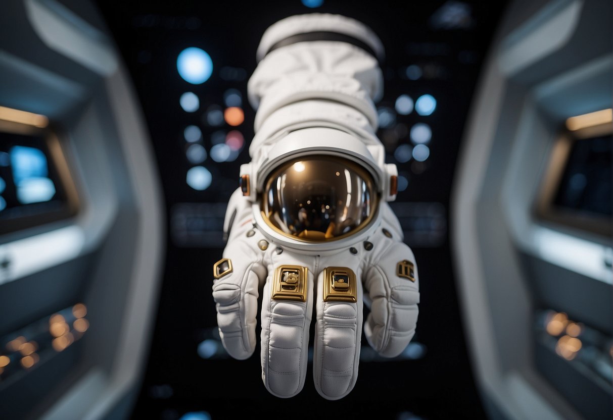 An EVA suit lays open, displaying intricate glove design. Tools and materials surround, showcasing the evolution of astronaut gloves
