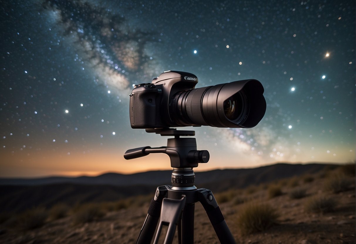 A camera mounted on a tripod captures the vast expanse of space, with stars and galaxies scattered across the dark sky. The camera's lens is pointed upwards, capturing the beauty of the cosmos