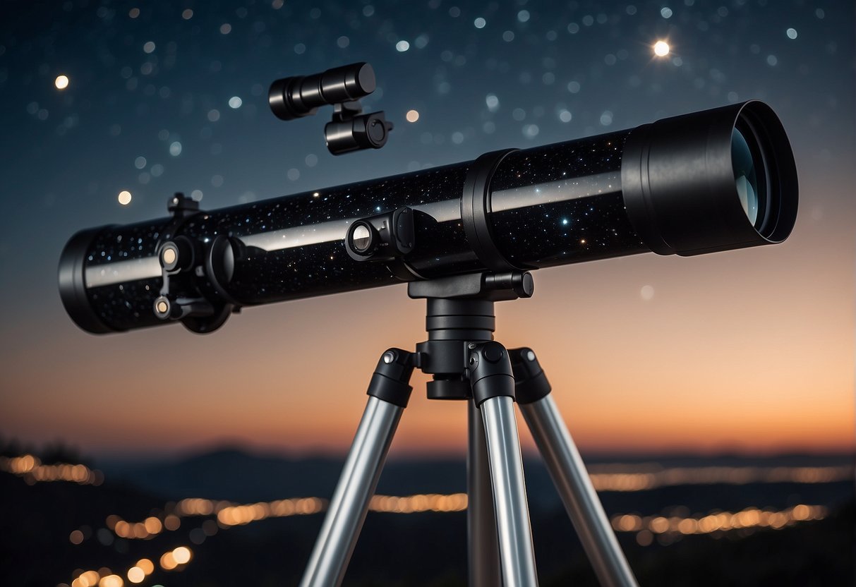 A telescope pointed towards the night sky, capturing the vastness of space with distant stars and galaxies