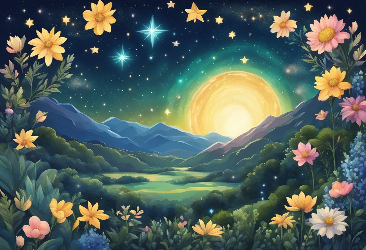 A starry night sky with zodiac signs shining brightly, surrounded by lush greenery and blooming flowers
