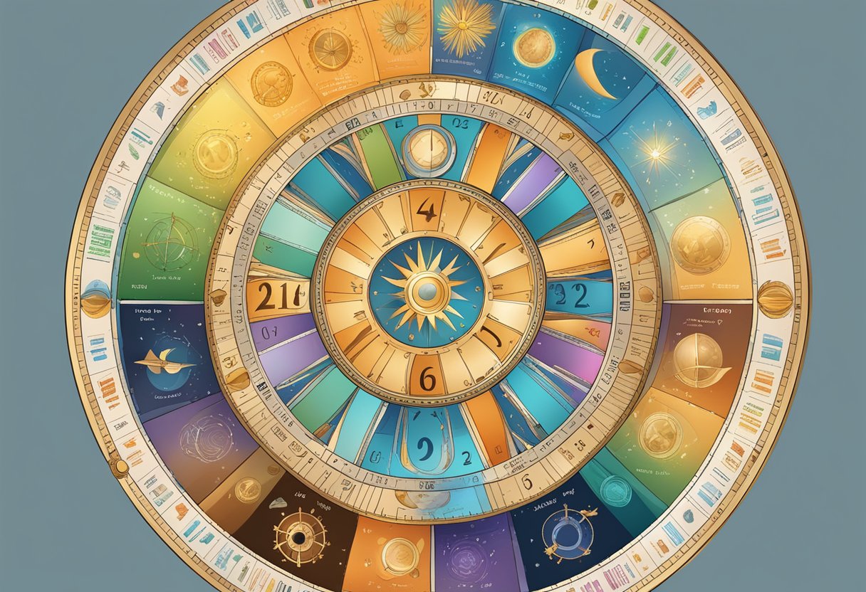 A colorful, celestial wheel with zodiac symbols and dates for June 2024