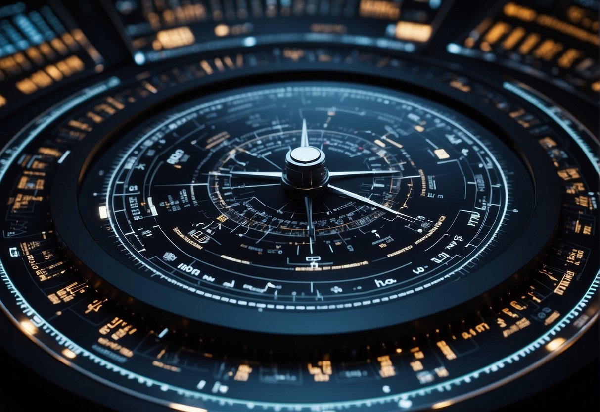 A space compass hovers above a control panel, surrounded by advanced navigation tools and technologies. Bright screens display real-time data and intricate circuitry lines the sleek, futuristic equipment