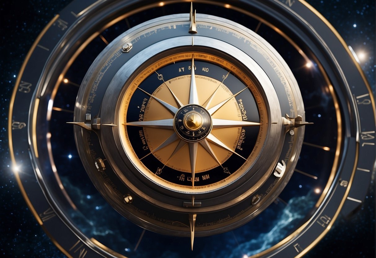 A space compass hovers above a globe, guiding satellites and spacecraft. Its sleek design and advanced technology symbolize humanity's exploration of the cosmos