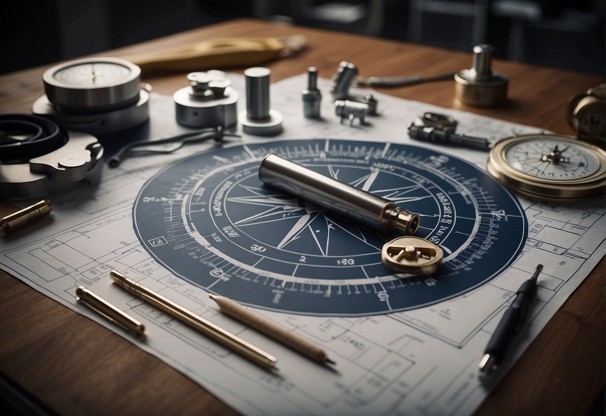 A table with various tools and materials for compass construction. Blueprints and diagrams are scattered around, showing the development and use of space compasses