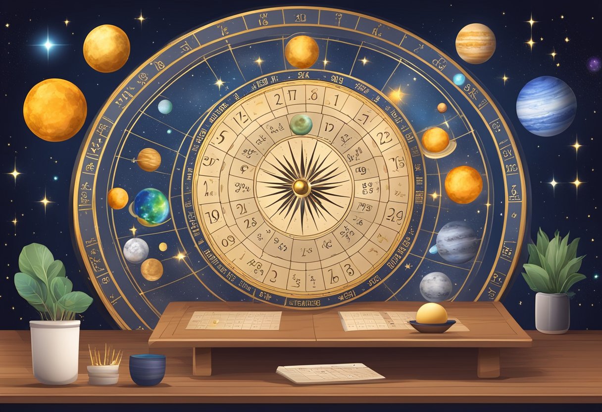 A table with astrological symbols, a calendar showing March 1, 2024, and a celestial background with stars and planets