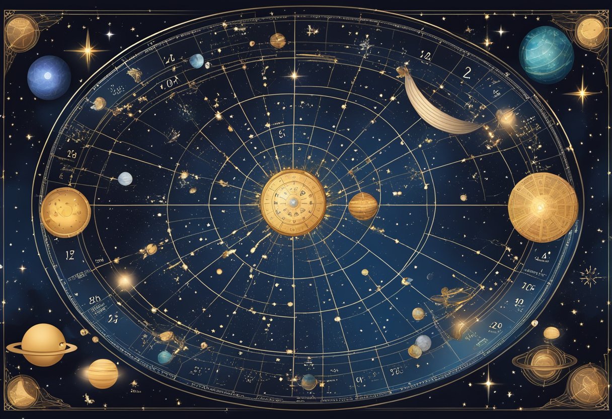 A celestial map with zodiac signs and dates for March 2024, surrounded by starry constellations and cosmic elements