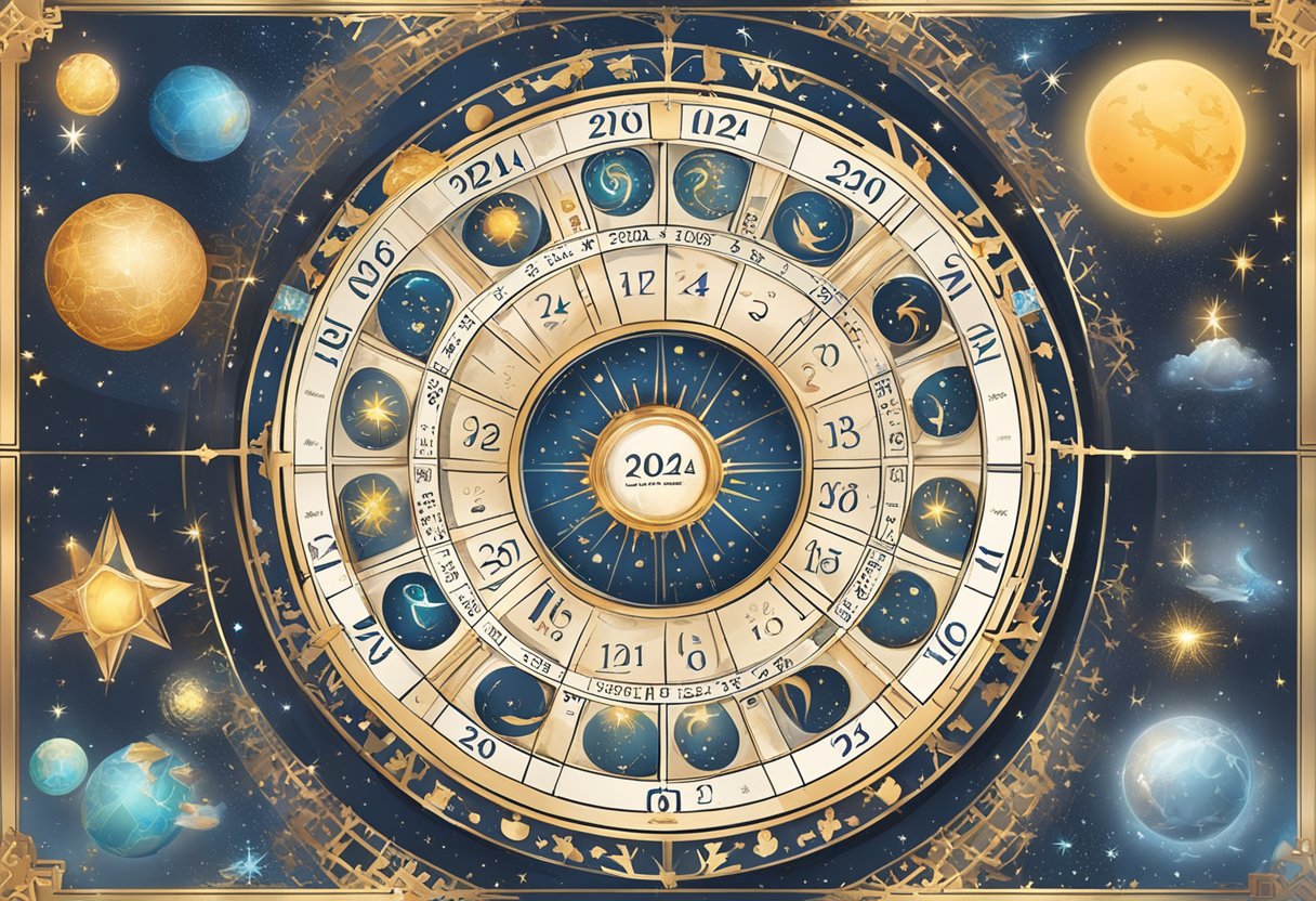 A calendar page with "Horoscope" written at the top, and the date "01 de março 2024" highlighted. Zodiac symbols and astrological imagery surround the date