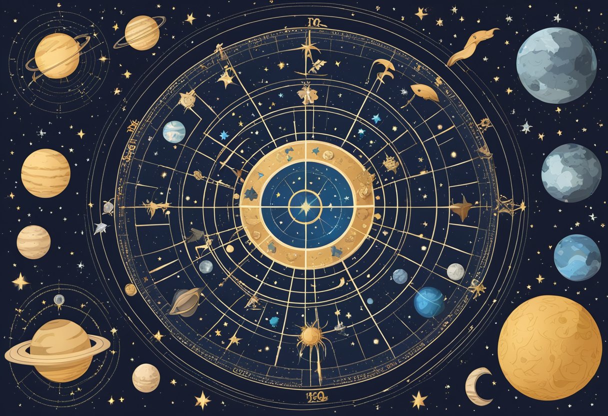 A celestial chart with zodiac signs and planetary symbols, surrounded by mystical symbols and constellations, set against a starry night sky