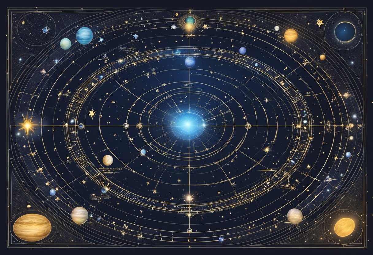 A celestial map with zodiac symbols and planetary alignments, surrounded by glowing stars and a crescent moon