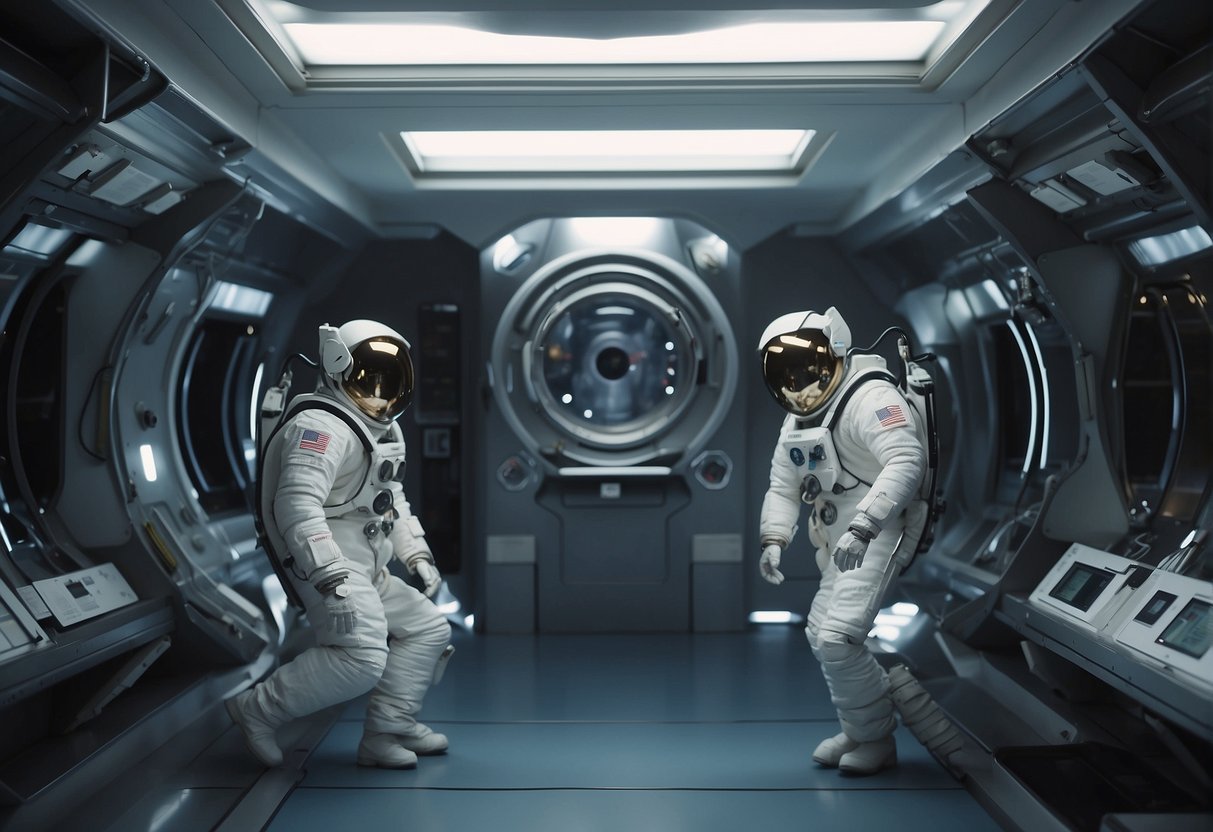 Space Laundry Technologies - In the zero-gravity environment of a space station, advanced robotic arms deftly handle floating garments, while high-tech washing and drying machines hum quietly in the background
