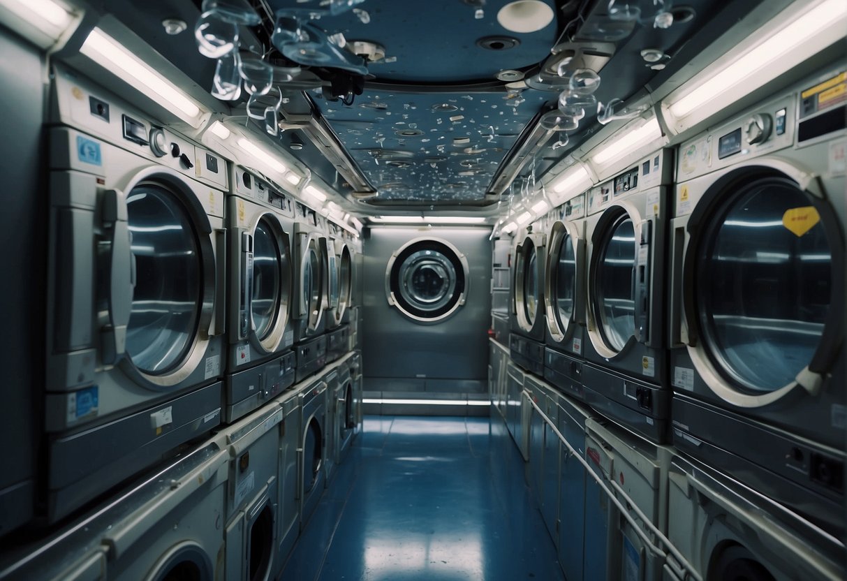 Laundry machines float in a space station module, water droplets and soap bubbles suspended in mid-air. Clothes are also seen floating around, showing the effects of microgravity on laundry in space
