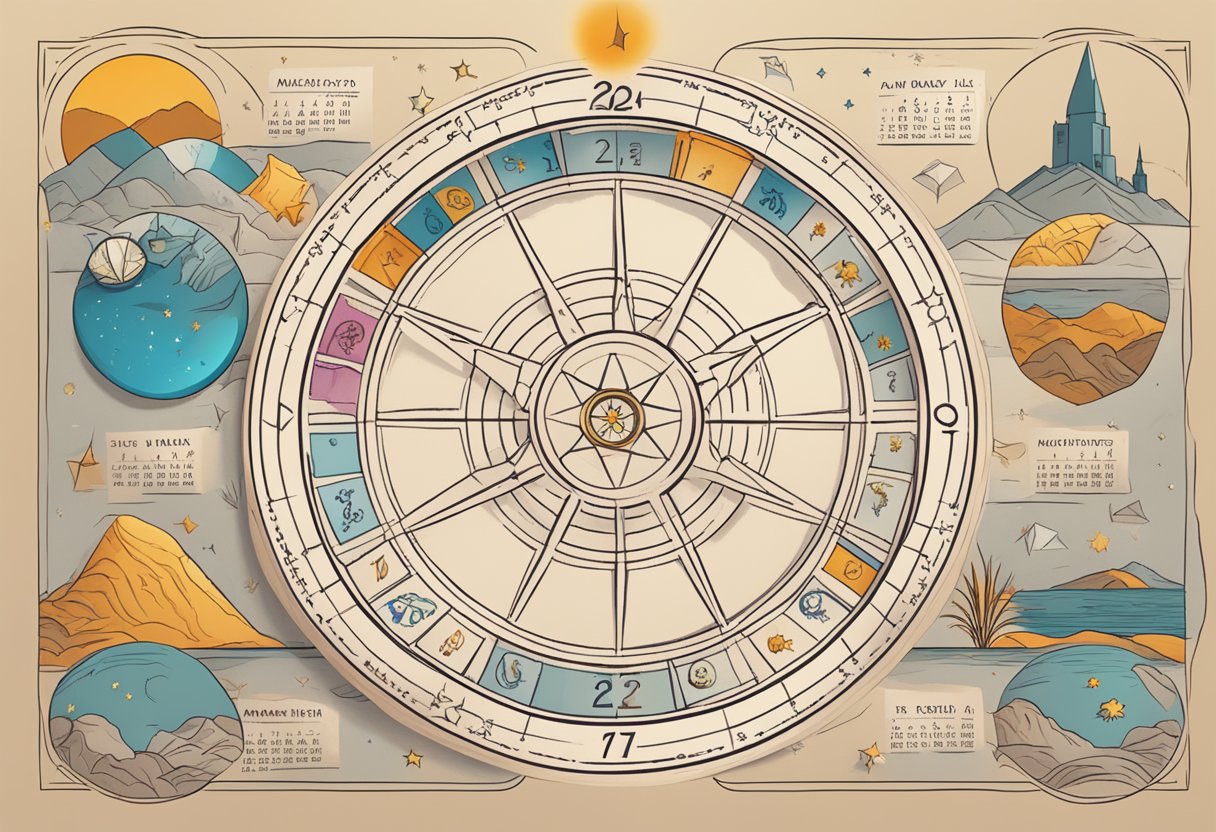 A table with a zodiac wheel, astrological symbols, and a calendar displaying March 2, 2024. A crystal ball and tarot cards are scattered nearby