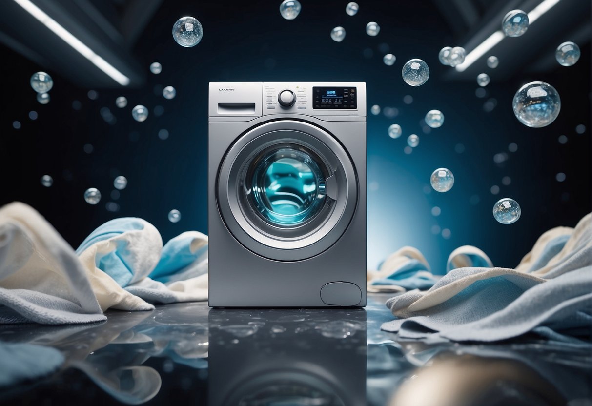 In orbit, space laundry machines float, cleaning clothes with advanced technology. Detergent bubbles and fabric swirl in zero gravity, creating a futuristic scene