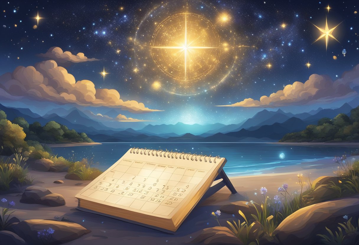 A starry night sky with zodiac symbols shining brightly, a calendar displaying the date "03 de março 2024," and a mystical aura surrounding the scene