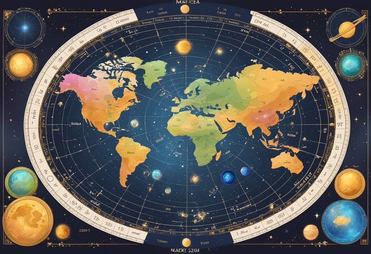 A colorful celestial map with zodiac symbols and dates for March 2024