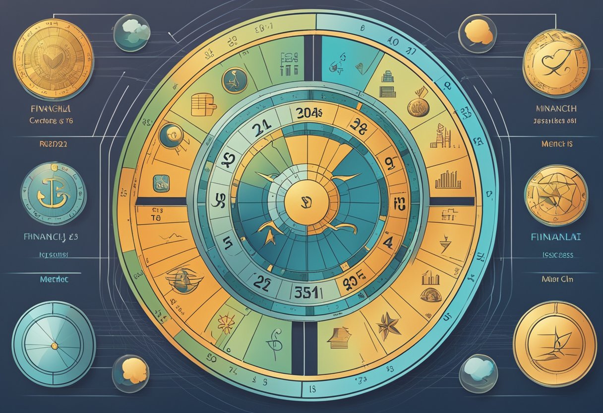 A financial horoscope for March 3, 2024, with economic symbols and charts in the background