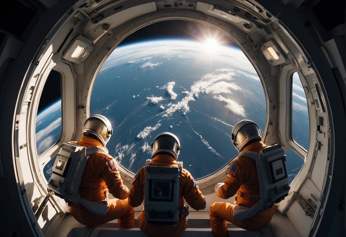 Astronauts float inside a cupola, gazing at Earth through large windows. Sunlight streams in, highlighting the curvature of the planet. Machinery and controls line the walls, emphasizing the technological aspect of the space station