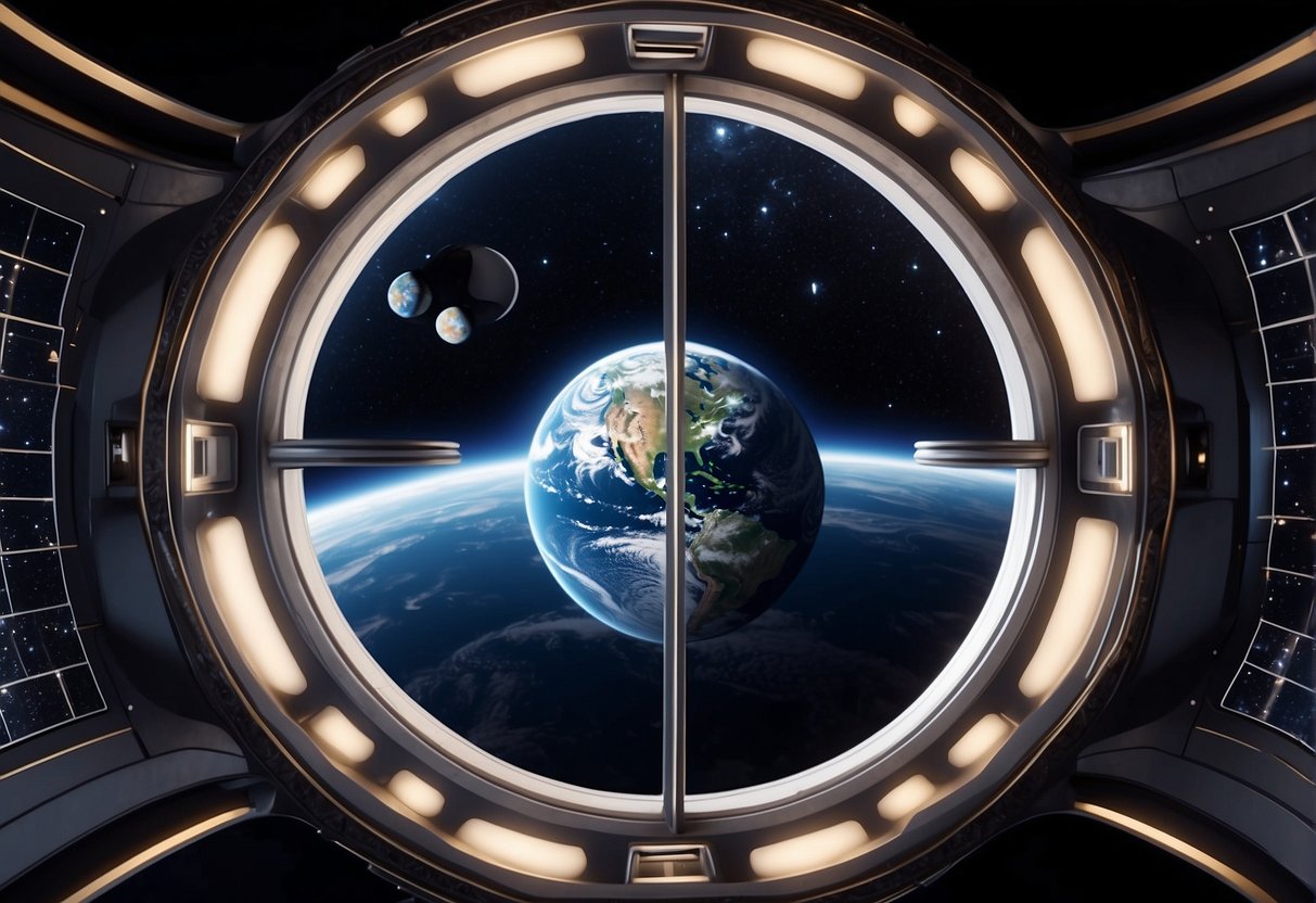 A sleek, futuristic space station cupola stands against the backdrop of the cosmos, with multiple windows offering a panoramic view of Earth and the stars