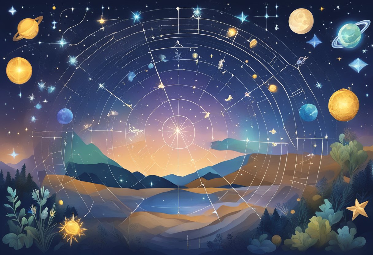 A starry night sky with zodiac constellations, a calendar showing March 4, 2024, and astrological symbols representing different horoscope signs