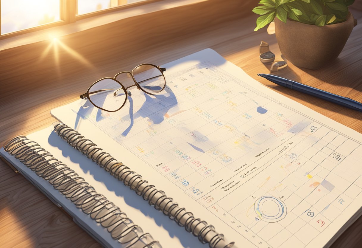A table with a notebook, pen, and astrology chart. Sunlight streams through a window onto the items. A calendar displays the date "04 de março 2024."