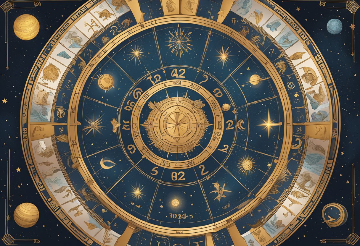 The scene shows a zodiac wheel surrounded by celestial elements, with the date "04 de março 2024" displayed prominently. The wheel is divided into twelve sections, each representing a different zodiac sign