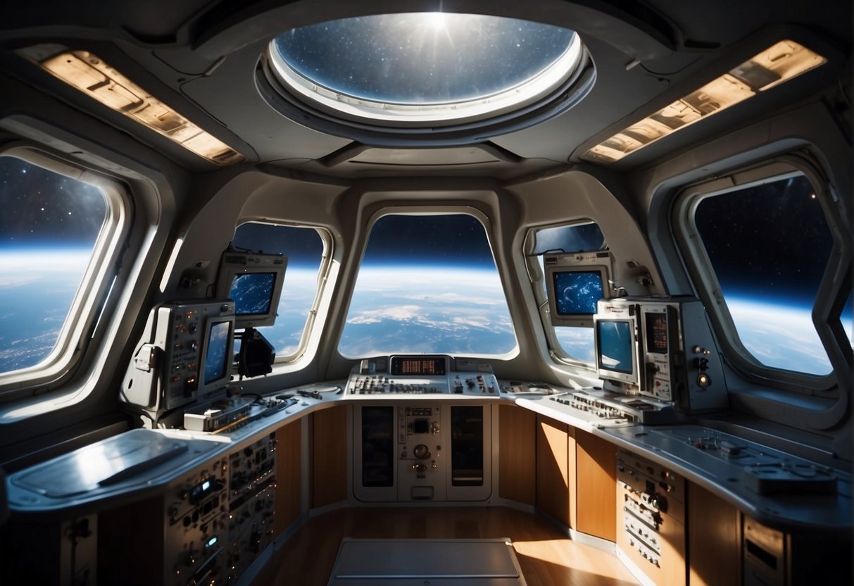 Astronauts gaze out from the cupola, marveling at Earth's beauty. Sunlight streams through the windows, illuminating the interior. Instruments and controls line the walls, while the curved glass offers a panoramic view of space