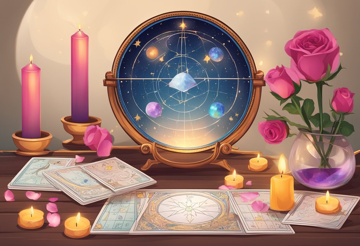 A table with a crystal ball, tarot cards, and astrological charts. A calendar showing March 5, 2024. A romantic atmosphere with candles and rose petals