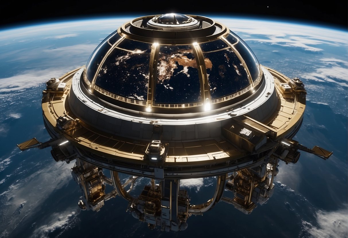 A space station cupola floats gracefully in the vastness of space, providing a breathtaking view of the Earth below. The sleek, transparent structure reflects the brilliance of the cosmos, symbolizing the future of space exploration